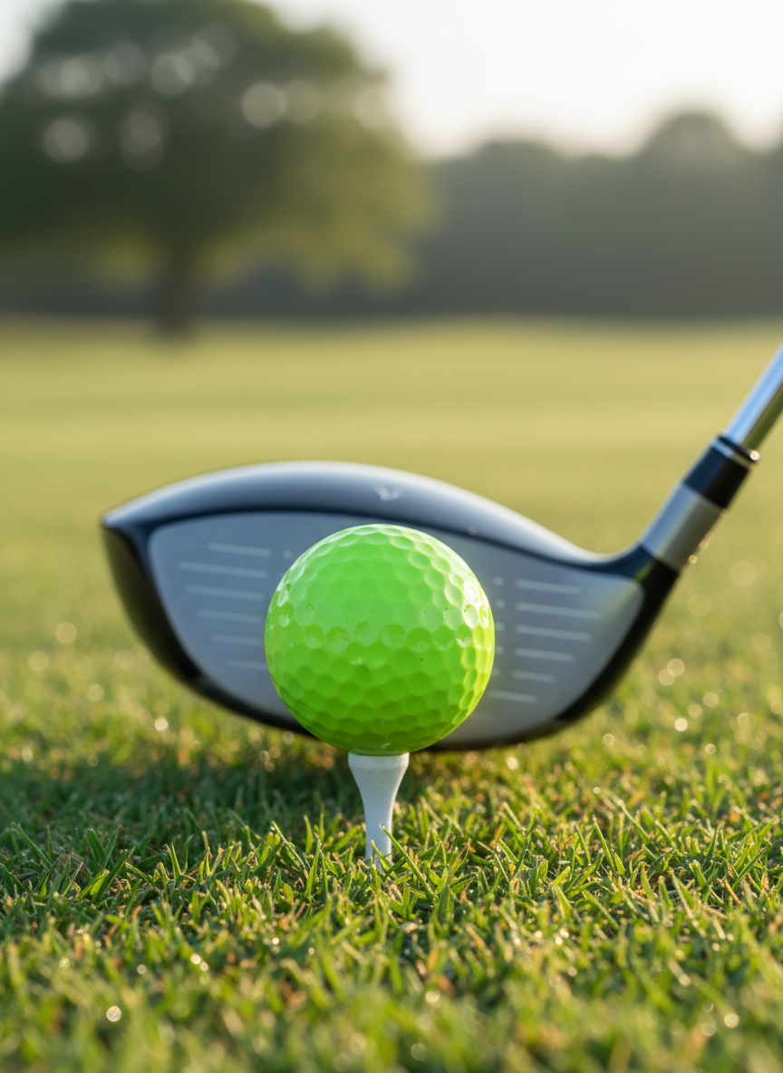A close-up, photographic image of a bright lime-green golf ball perched on a perfectly manicured tee, with tiny blades of dew-covered grass surrounding it like a soft carpet. In the midground, a gleaming titanium driver head hovers just behind the ball, its brushed metal surface reflecting subtle hints of blue sky. Early morning sunlight creates a warm, golden rim light along the ball’s dimples and the club’s edges, casting a crisp shadow forward. The background is softly blurred fairway and trees, creating a playful yet calm atmosphere. Shot at low angle, eye-level with the ball, with a shallow depth of field to emphasize anticipation and beginner-friendly excitement. Photographic realism with vibrant, clean colors and a modern, welcoming feel.