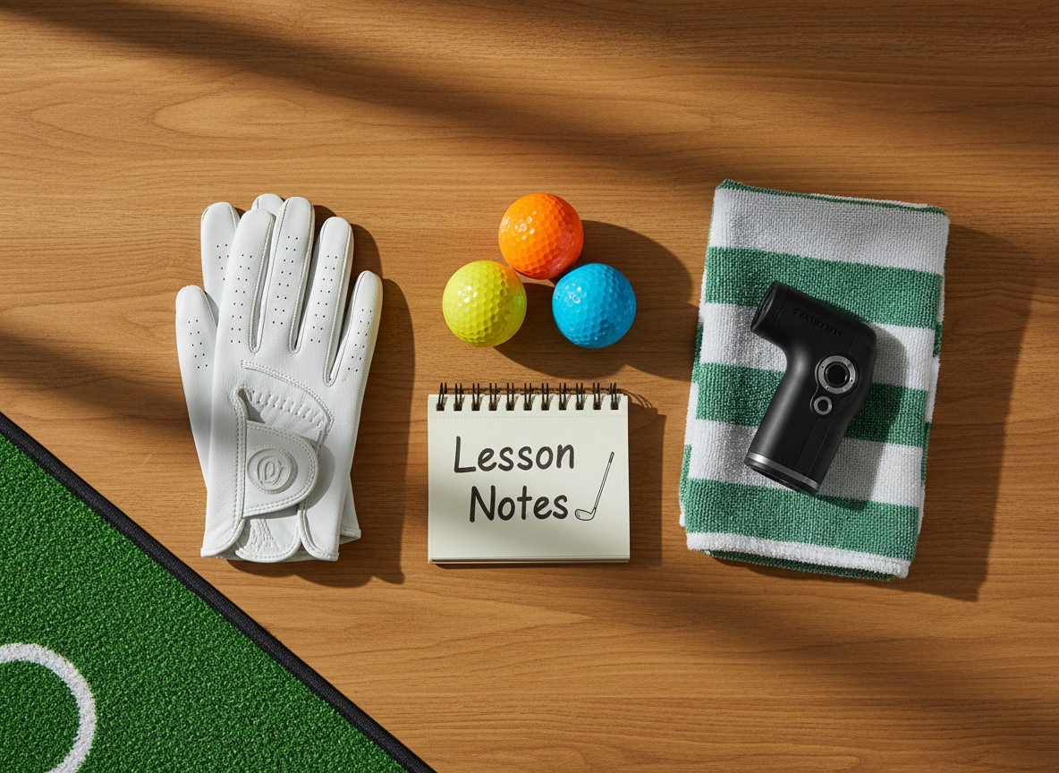 A neatly arranged flat lay on a warm wooden table showing essential beginner golf gear: a pair of fresh white golf gloves with subtle stitching, three brightly colored golf balls, a small notepad labeled "Lesson Notes" in playful handwriting style, and a compact rangefinder resting on a folded, striped golf towel. Soft, diffused window light from the left creates gentle shadows and clear textures on leather, paper, and fabric. A simple green putting mat peeks in from the edge of the frame, hinting at at-home practice. Shot directly from above with sharp focus throughout, the composition is tidy yet playful, with pops of color against the natural wood grain. Photographic realism and a clean, modern aesthetic convey organized, friendly coaching guidance for new golfers.