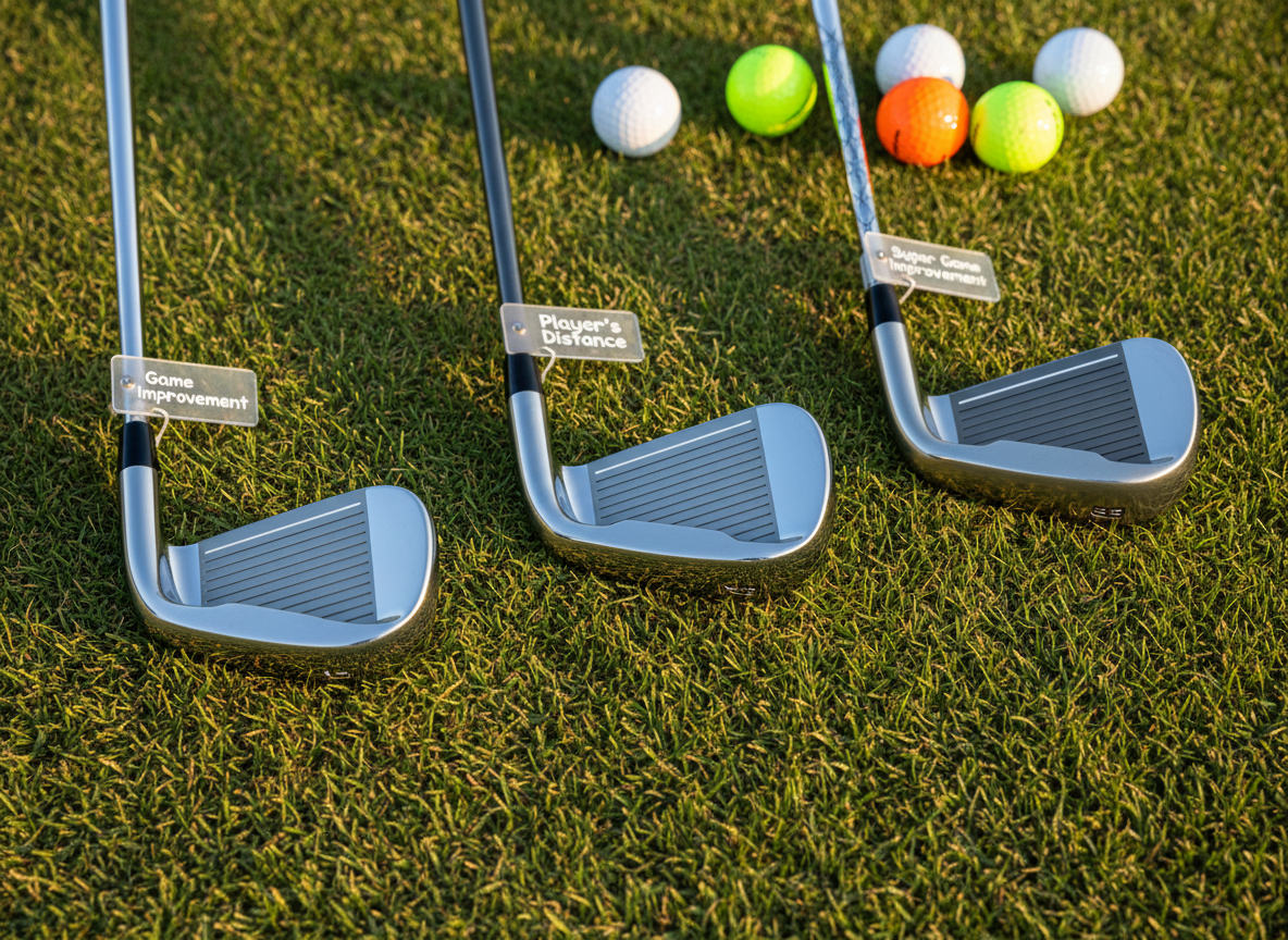 A close-up, photographic shot of three different golf irons laid diagonally across a short-cut practice green, each labeled with small, clear tags reading "Game Improvement", "Player’s Distance", and "Super Game Improvement" in a fun, modern font. The polished clubfaces show subtle groove details and reflect hints of the sky, while the shafts vary slightly in finish to highlight their uniqueness. Late afternoon sunlight creates soft, directional light from the right, producing delicate shadows and glints along the metal edges. Scattered around are a few white and neon-colored golf balls, slightly out of focus, adding playful energy. Captured from a slightly elevated angle with moderate depth of field, the mood is informative yet lighthearted, ideal for a gear review explaining equipment choices to beginners in vivid photographic realism.