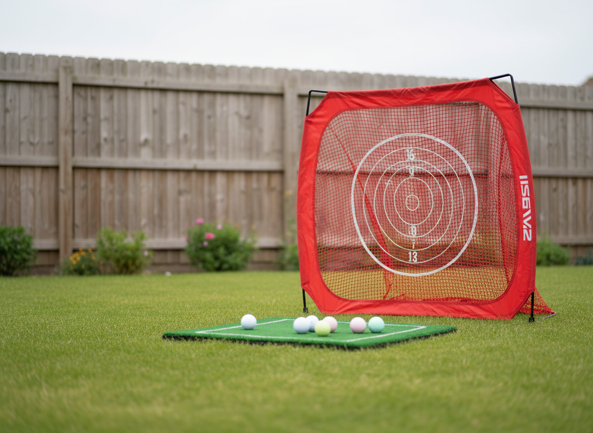 A compact backyard chipping setup featuring a bright red pop-up golf net, a small square of artificial turf mat, and a tidy pile of practice balls, some standard white and others in fun pastel colors. The net’s mesh texture and target rings are clearly visible, slightly worn from repeated use. Soft overcast daylight provides even, diffused lighting, reducing harsh shadows and emphasizing detail. A wooden fence and a hint of garden plants form a gentle, blurred background. Shot at a medium, eye-level angle with the net positioned on the right third of the frame, the scene feels cozy, encouraging, and achievable for beginners practicing at home. The photographic realism and vibrant but natural colors match a playful, do-it-yourself coaching vibe.